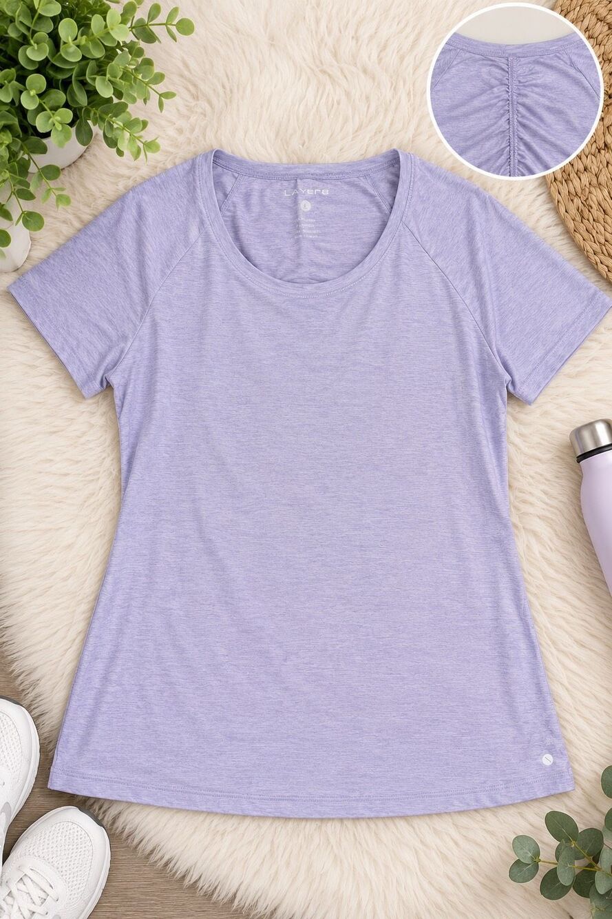 Layer 8 Women’s Large Lavender Purple Ruched Back Athletic Short Sleeve Top